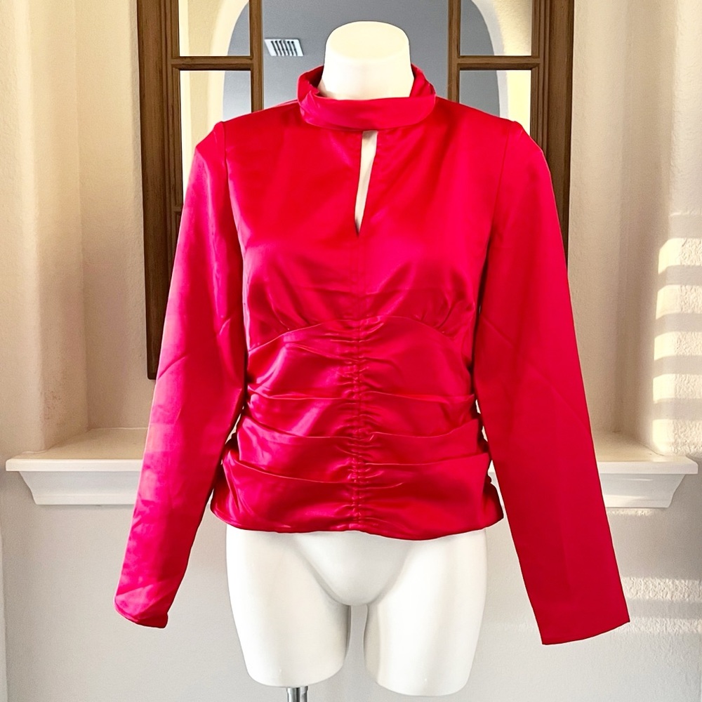 Andrew Marc Blouse Jazzy Pink Shirred Long Sleeve Top Size M NWT